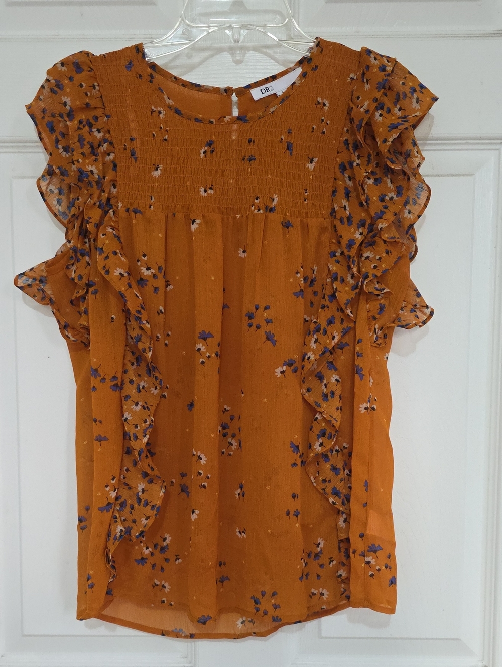 DR2 Rust Orange Floral Ruffle Sleeve Blouse